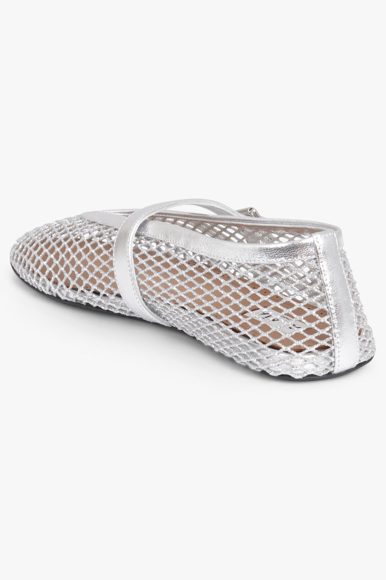 ALAIA SHOES Fishnet Mesh Ballet Flat | Silver