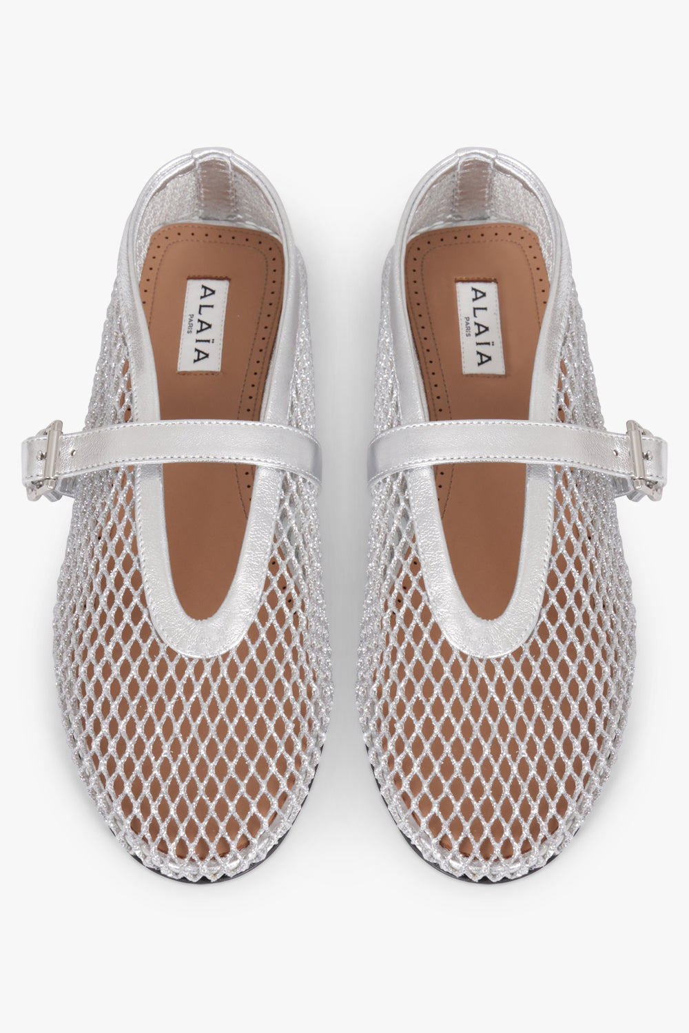ALAIA SHOES Fishnet Mesh Ballet Flat | Silver
