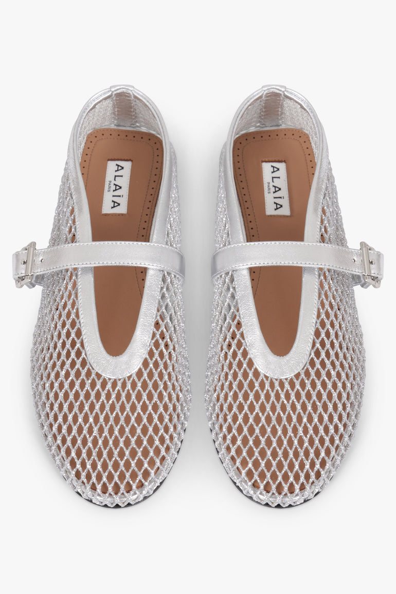 ALAIA SHOES Fishnet Mesh Ballet Flat | Silver