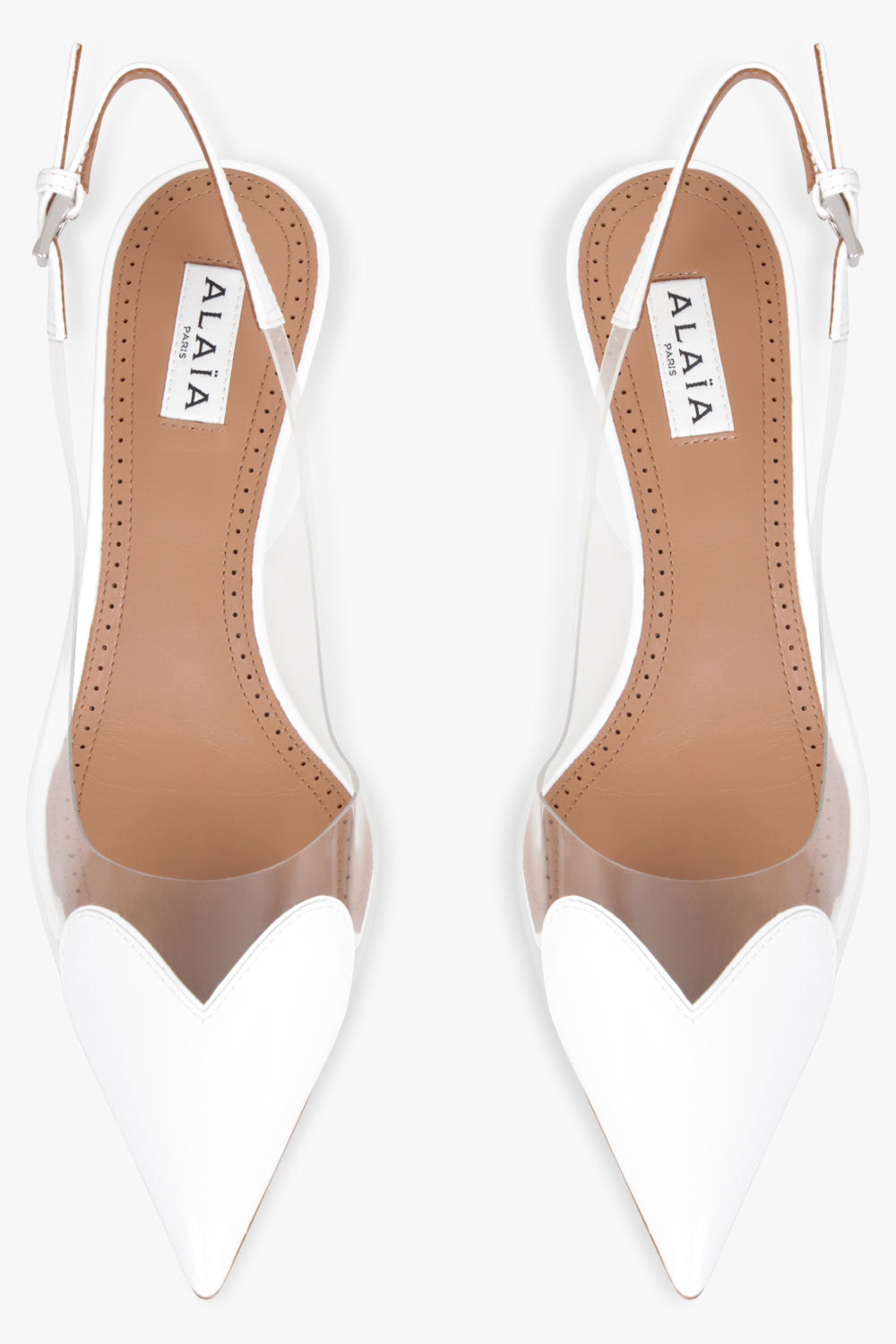 ALAIA Unclassified Patent Calfskin 55mm Heart Slingbacks | White