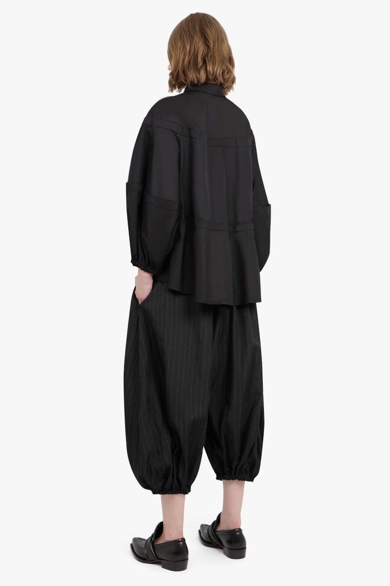 COMME DES GARCONS BLACK RTW OVERSIZED DRAWSTRING WAIST SERGE STRIPE PANTS | BLACK