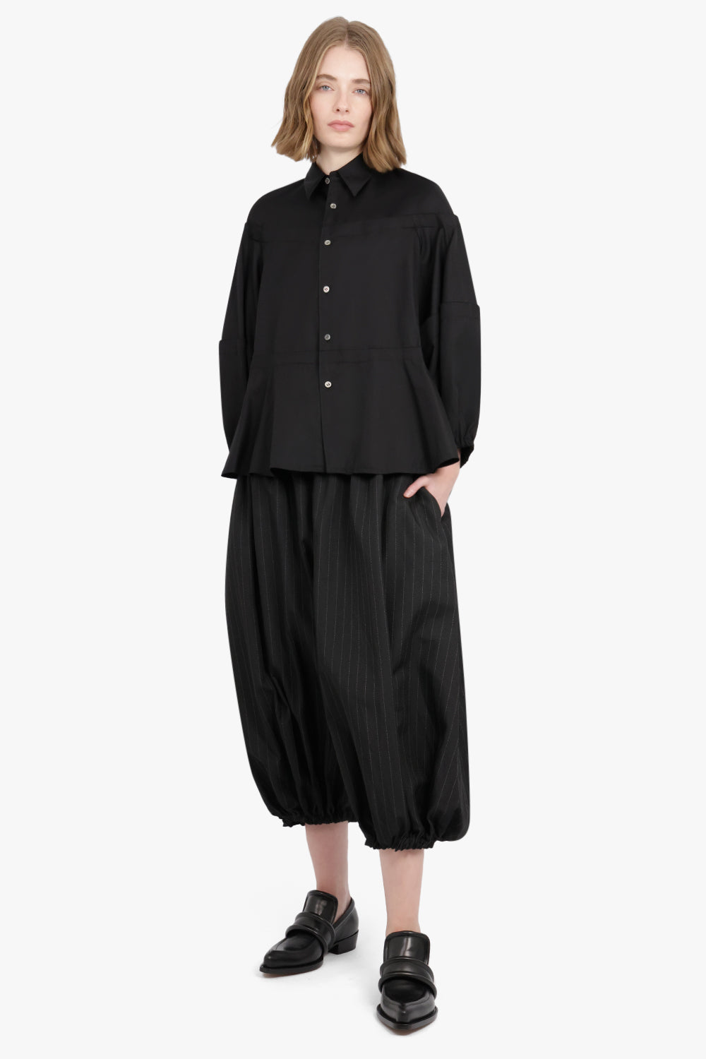 COMME DES GARCONS BLACK RTW OVERSIZED DRAWSTRING WAIST SERGE STRIPE PANTS | BLACK