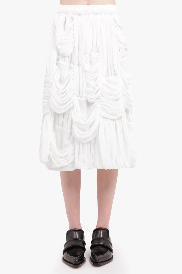 COMME DES GARCONS RTW Drape Ruched Panel Drawstring Midi Skirt | White