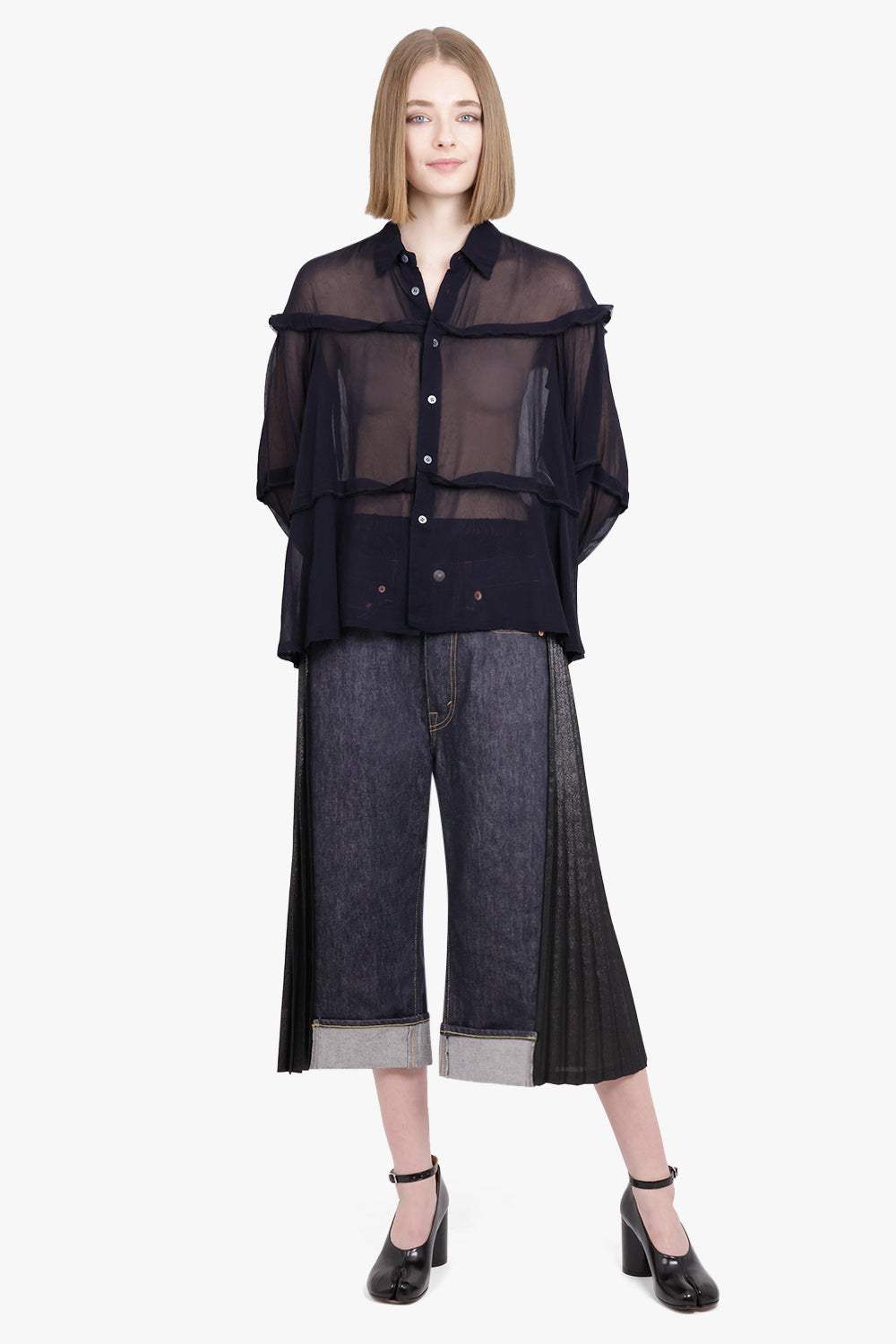 COMME DES GARCONS RTW Sheer Balloon Sleeve Panel Detail L/S Shirt | Navy