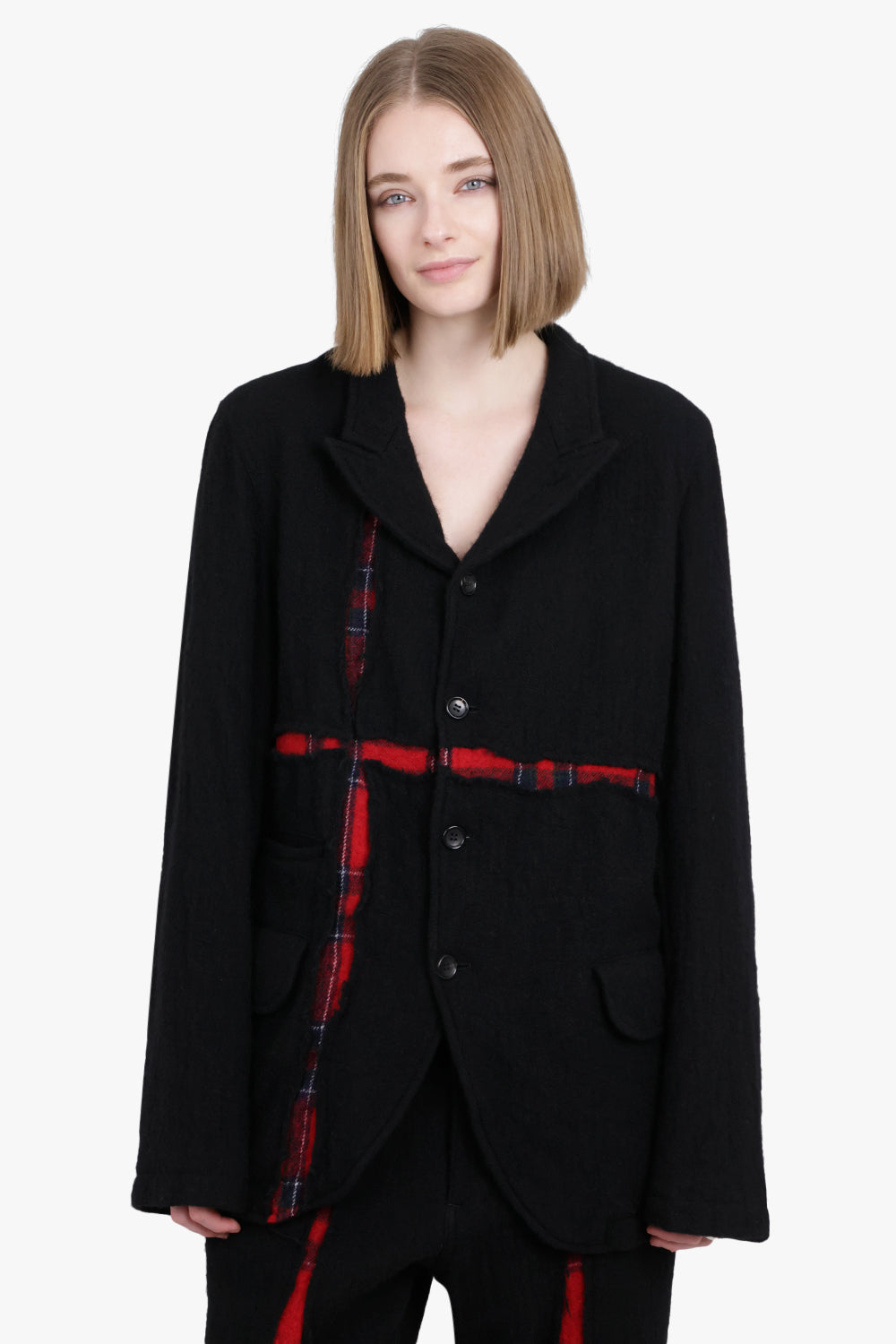 COMME DES GARCONS SHIRT RTW BLAZER WITH TARTAN DETAILING | BLACK/RED