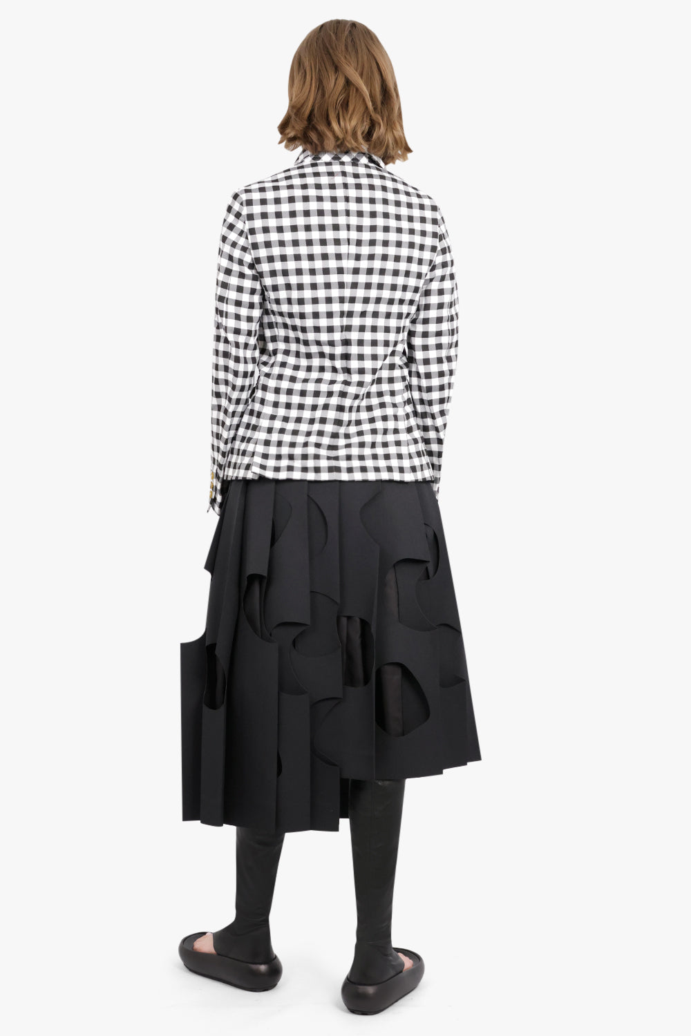 COMME DES GARCONS RTW POLYESTER TWILL HARD FINISH PLEATED CUT OUT SKIRT | BLACK