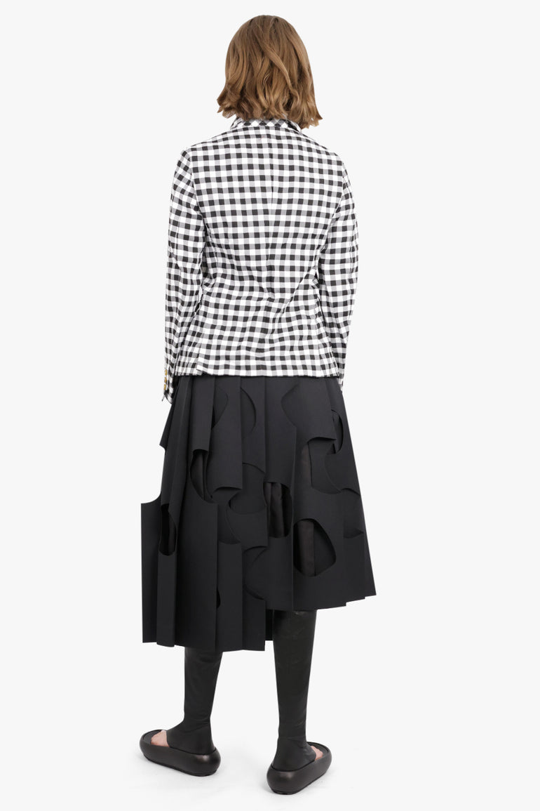 COMME DES GARCONS RTW POLYESTER TWILL HARD FINISH PLEATED CUT OUT SKIRT | BLACK