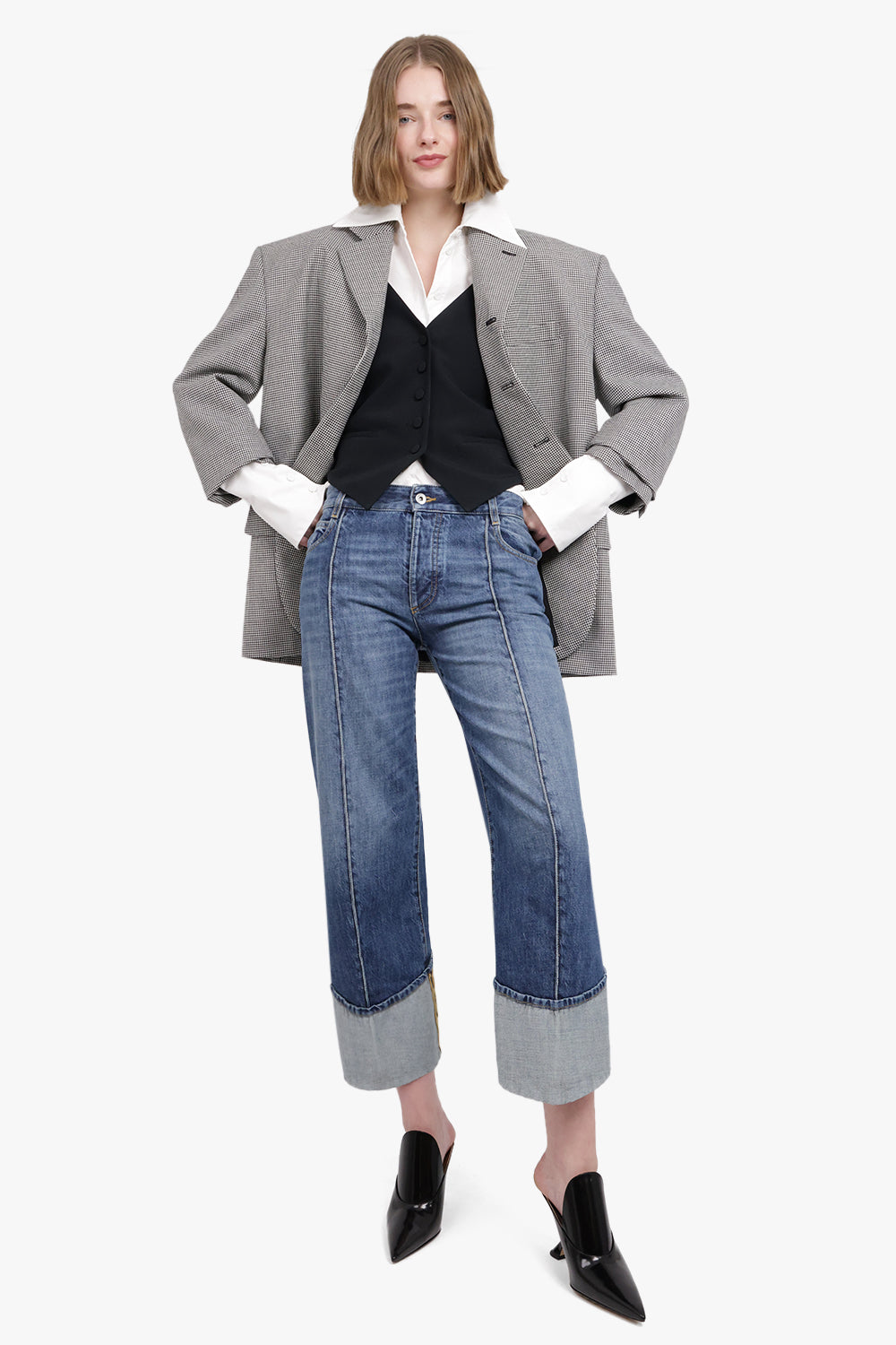 BOTTEGA VENETA CURVED LEG DENIM TROUSER MID BLUE NEW SEASON