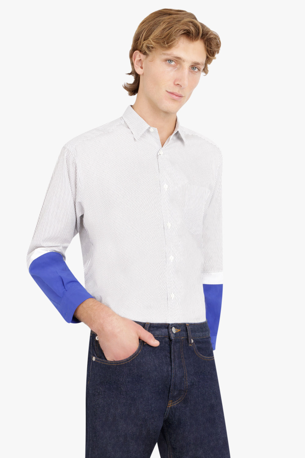 COMME DES GARCONS HOMME RTW Cotton Stripe Lower Sleeve Shirt | Black/White/Blue