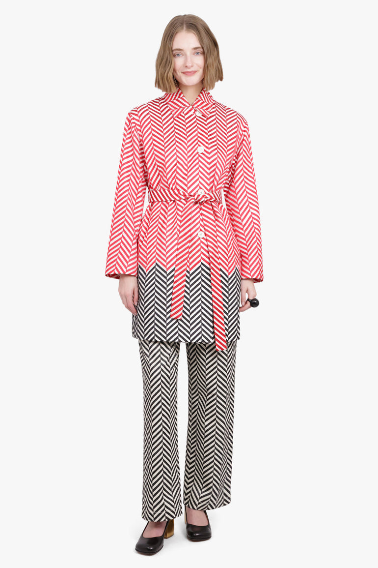 DRIES VAN NOTEN RTW Block Colour Chevron Mac Coat | Red/Black/Off White