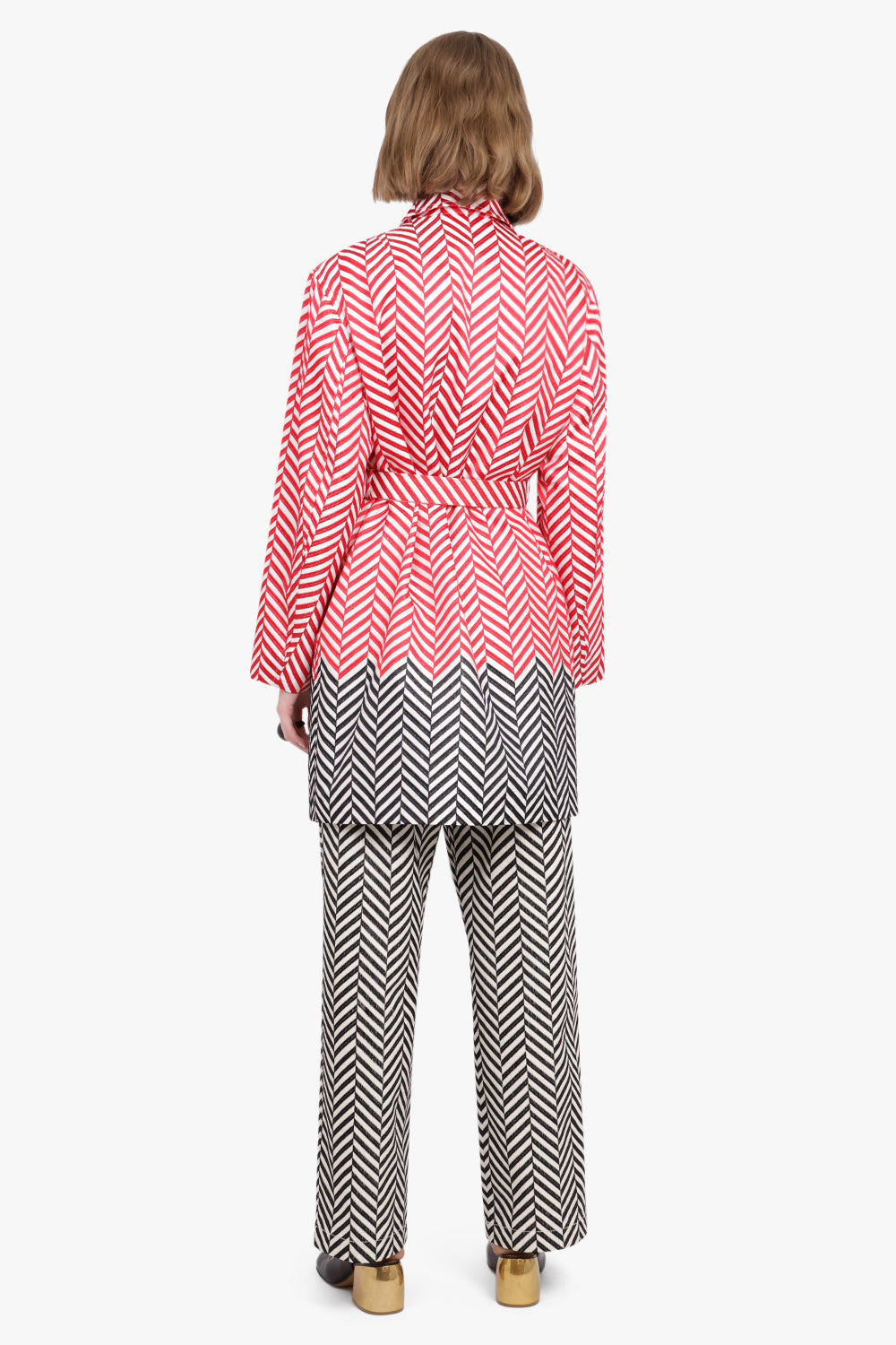 DRIES VAN NOTEN RTW Block Colour Chevron Mac Coat | Red/Black/Off White
