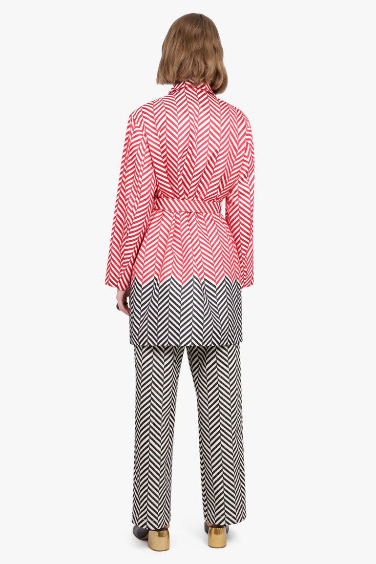 DRIES VAN NOTEN RTW Block Colour Chevron Mac Coat | Red/Black/Off White
