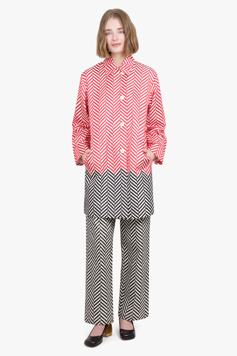 DRIES VAN NOTEN RTW Block Colour Chevron Mac Coat | Red/Black/Off White