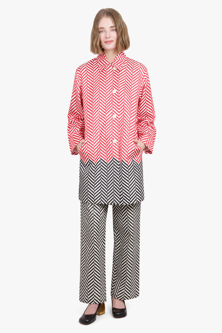 DRIES VAN NOTEN RTW Block Colour Chevron Mac Coat | Red/Black/Off White