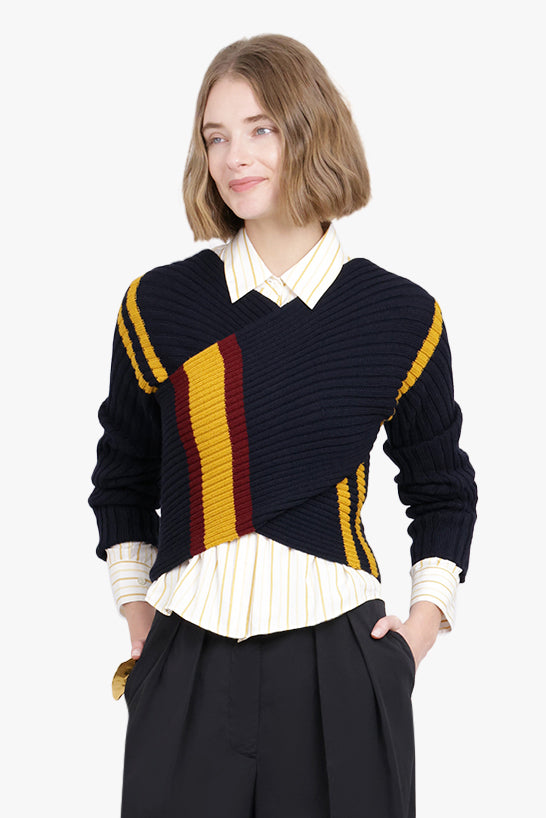 DRIES VAN NOTEN RTW Block Colour Detail Long Sleeve Sweater | Navy