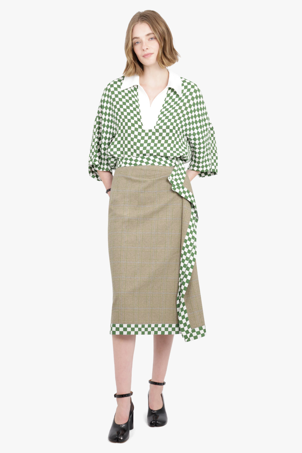DRIES VAN NOTEN RTW Checkerboard Mix Print Side Drape Skirt | Green