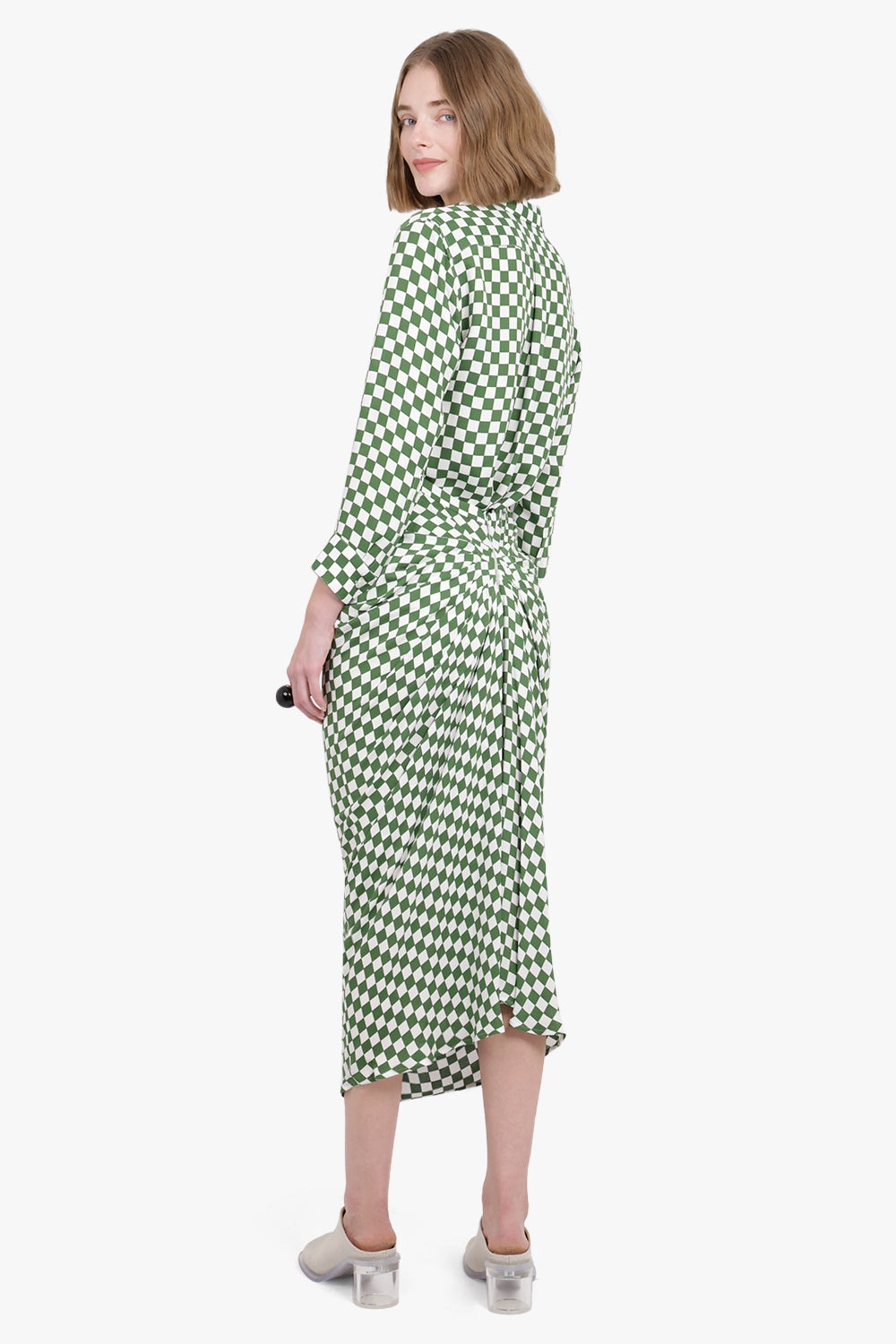 DRIES VAN NOTEN RTW Checkerboard Ruched Side Bodycon Maxi Skirt | Green