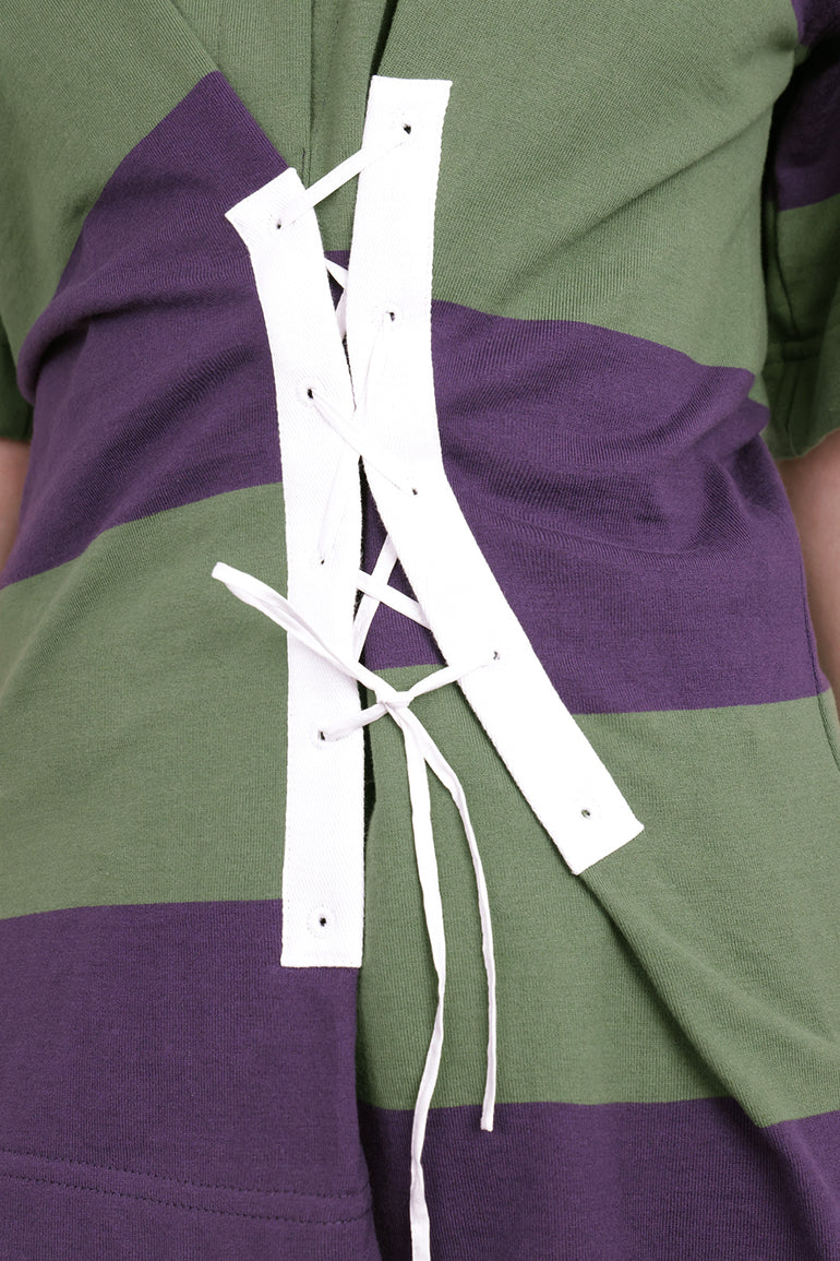 DRIES VAN NOTEN RTW Cross Stitch Tie Side Detail Stripe Collar Top | Dark Purple