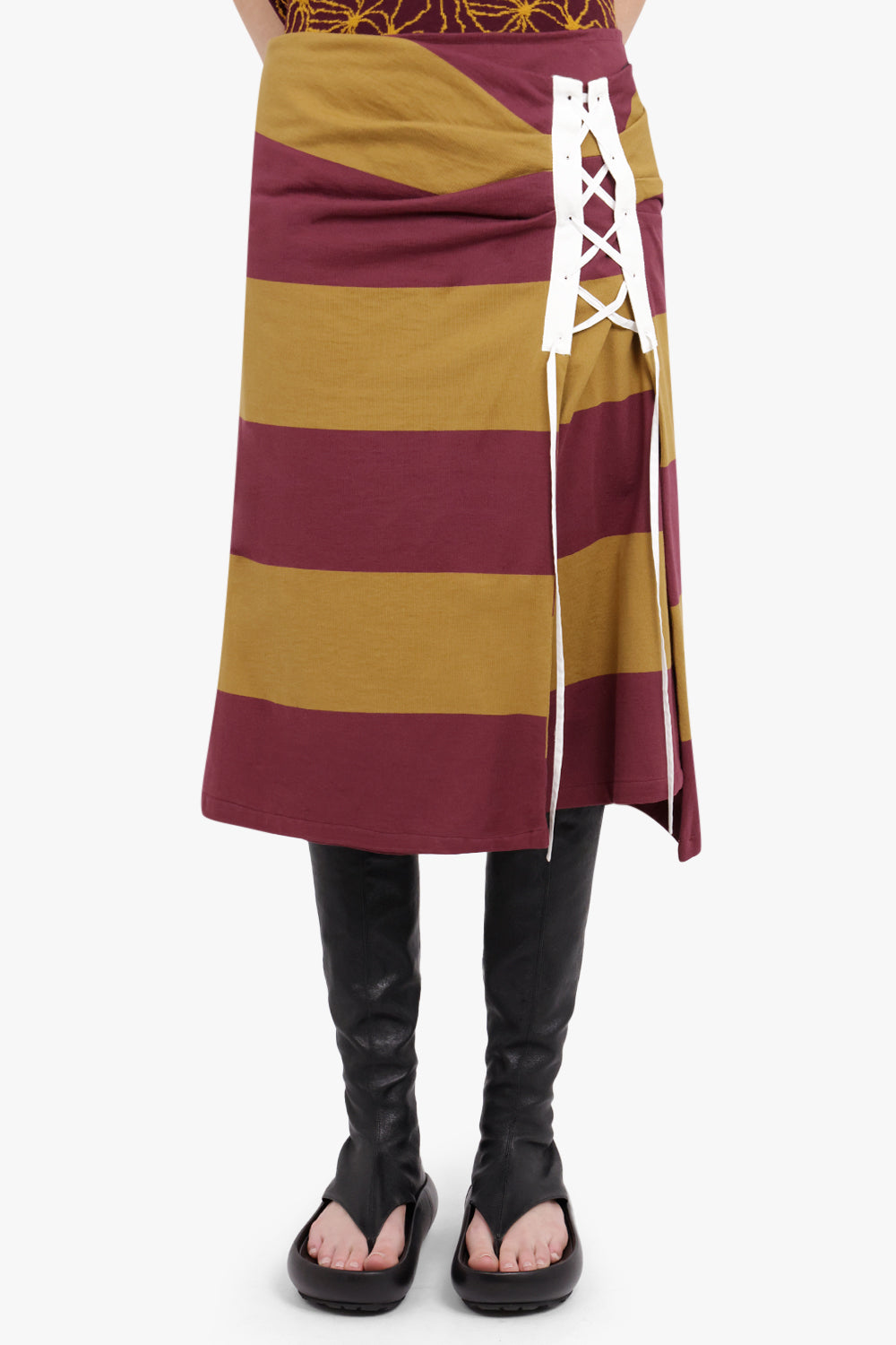 DRIES VAN NOTEN RTW Cross Stitch Tie Side Detail Stripe Midi Skirt | Mustard