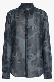 DRIES VAN NOTEN RTW Graphic Abstract Print L/S Relaxed Shirt | Petrol Blue