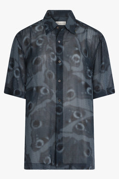 DRIES VAN NOTEN RTW Graphic Abstract Print S/S Relaxed Shirt | Petrol Blue