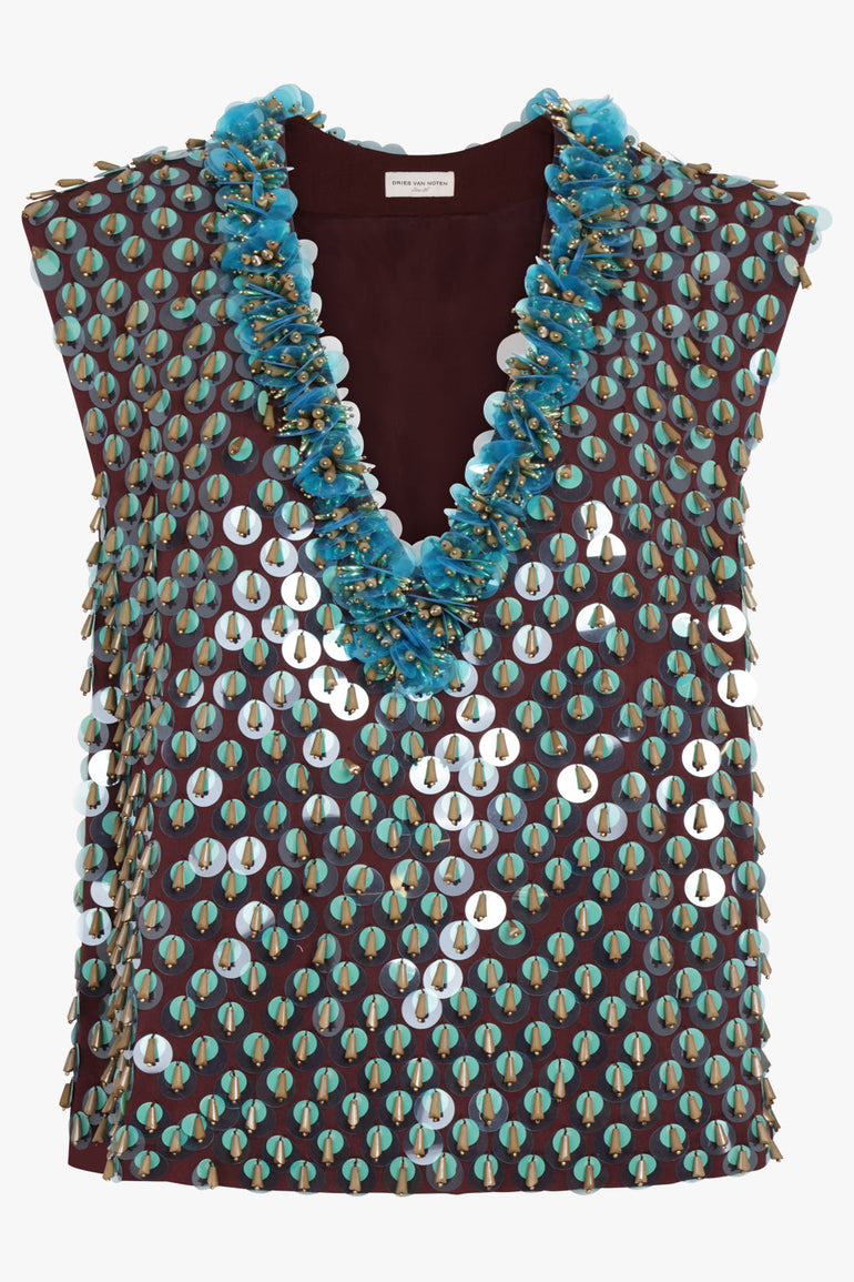 DRIES VAN NOTEN RTW Sequin Textured Sleeveless Vest | Wine