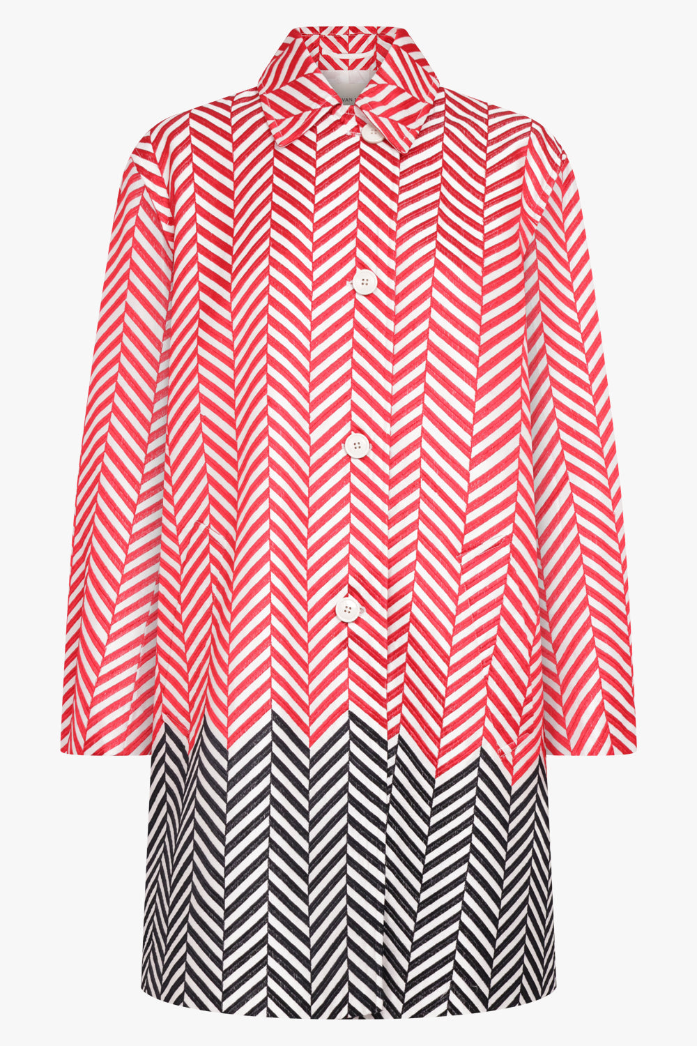 DRIES VAN NOTEN RTW Block Colour Chevron Mac Coat | Red/Black/Off White