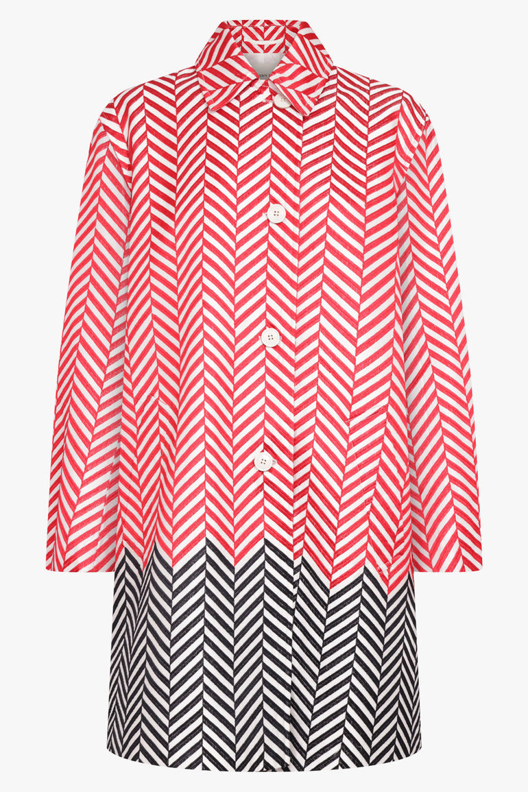 DRIES VAN NOTEN RTW Block Colour Chevron Mac Coat | Red/Black/Off White