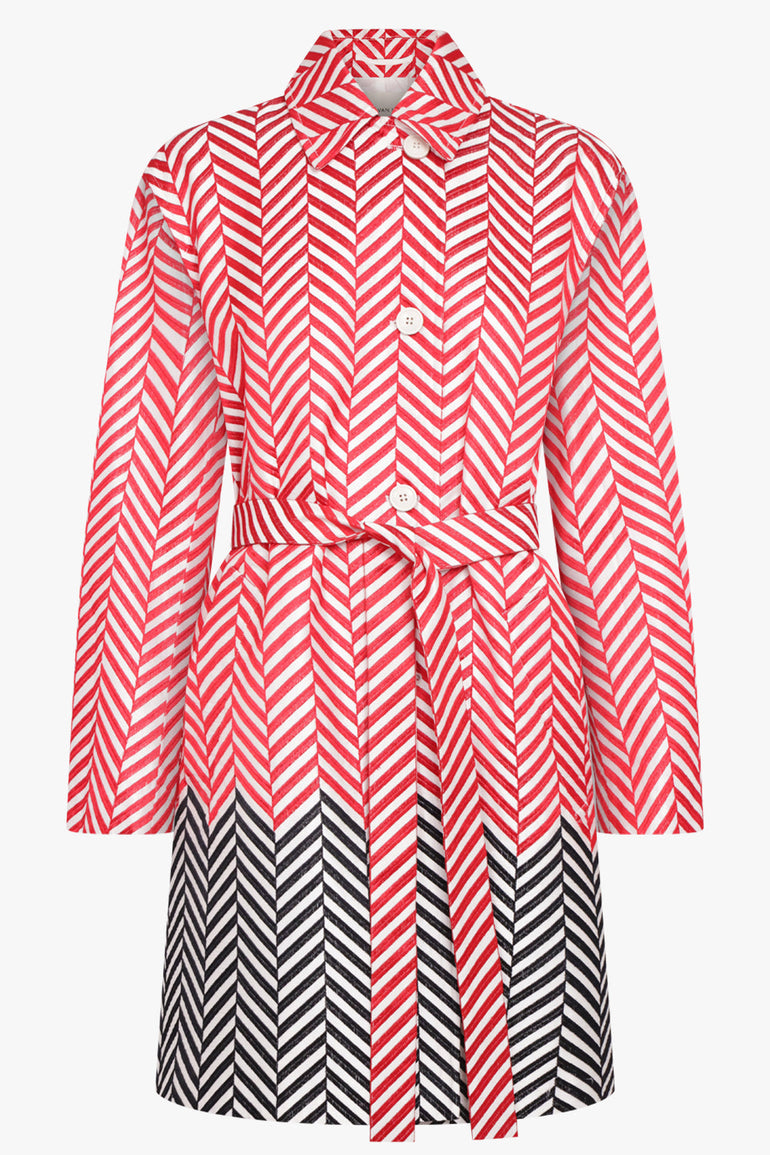 DRIES VAN NOTEN RTW Block Colour Chevron Mac Coat | Red/Black/Off White