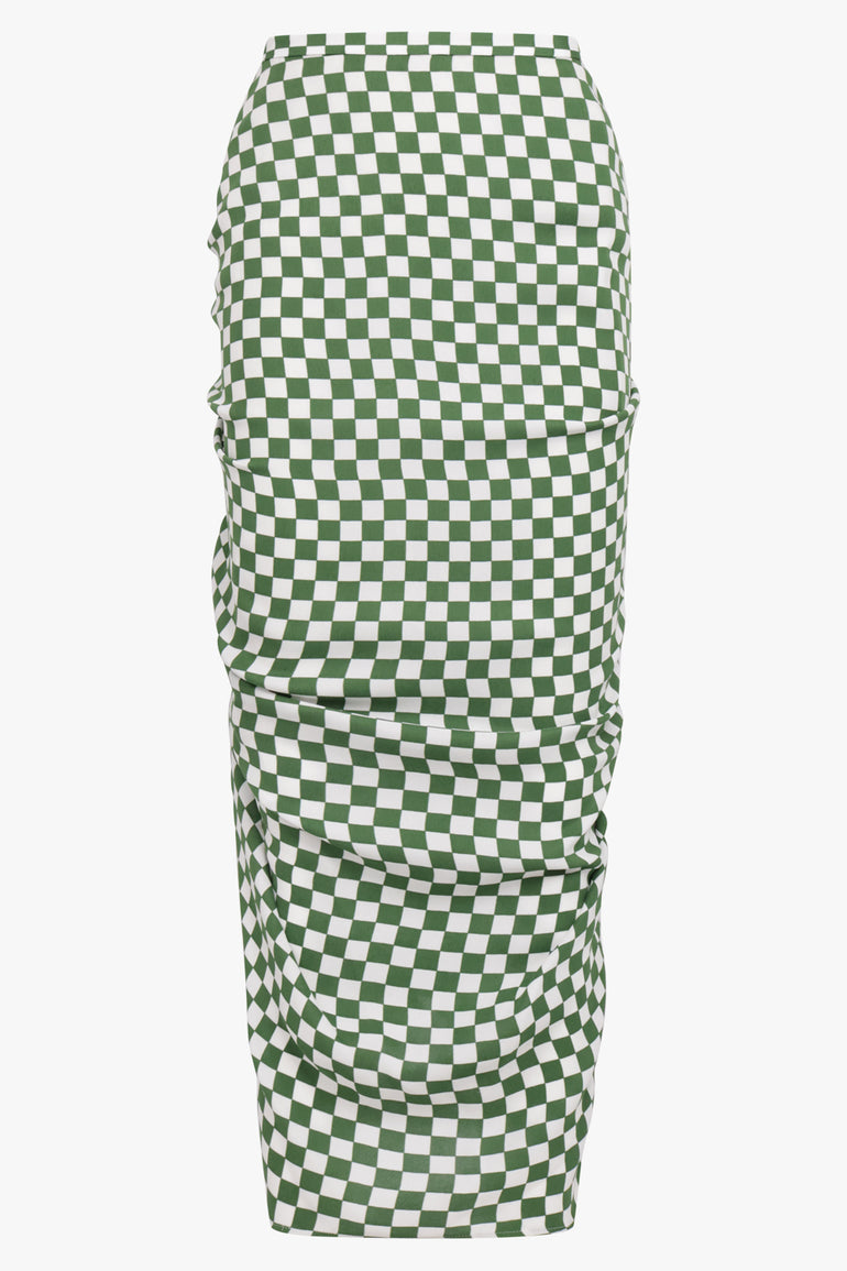DRIES VAN NOTEN RTW Checkerboard Ruched Side Bodycon Maxi Skirt | Green