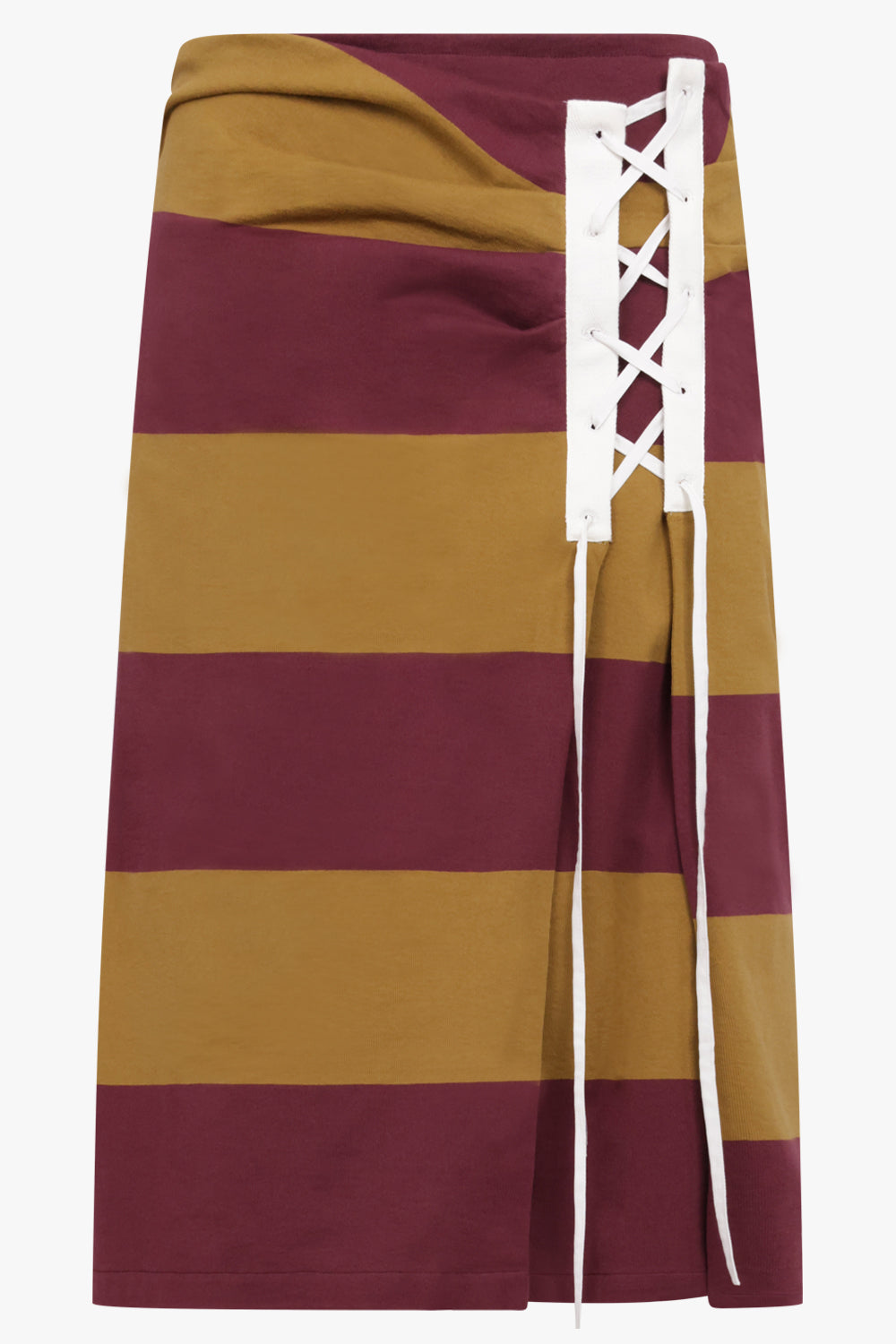 DRIES VAN NOTEN RTW Cross Stitch Tie Side Detail Stripe Midi Skirt | Mustard