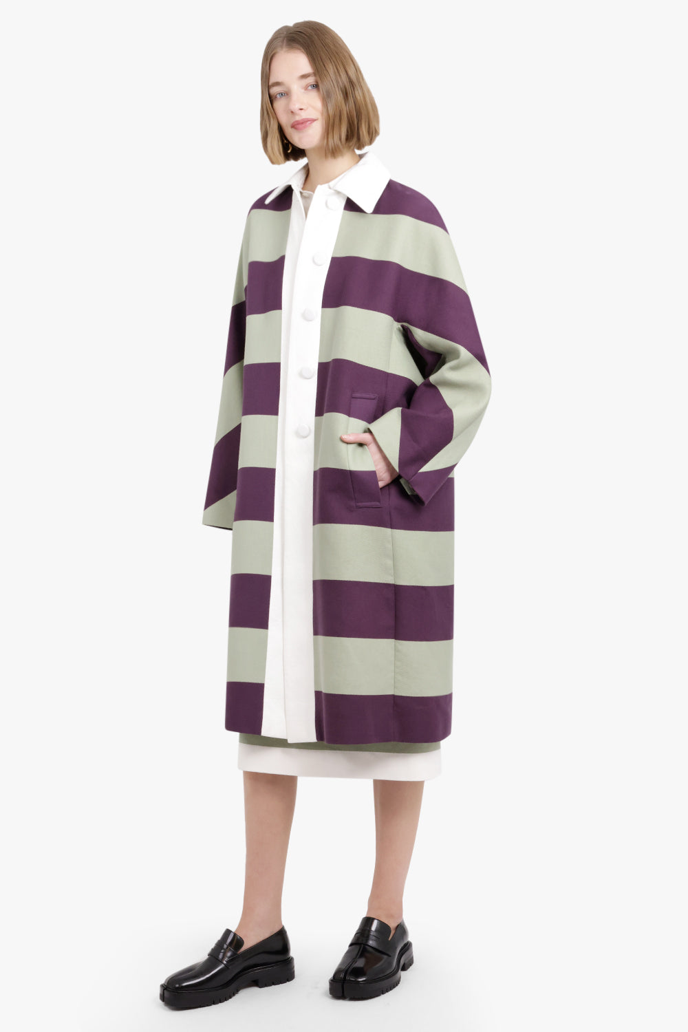 DRIES VAN NOTEN RTW Soft Touch Front Trim Stripe Coat | Auber