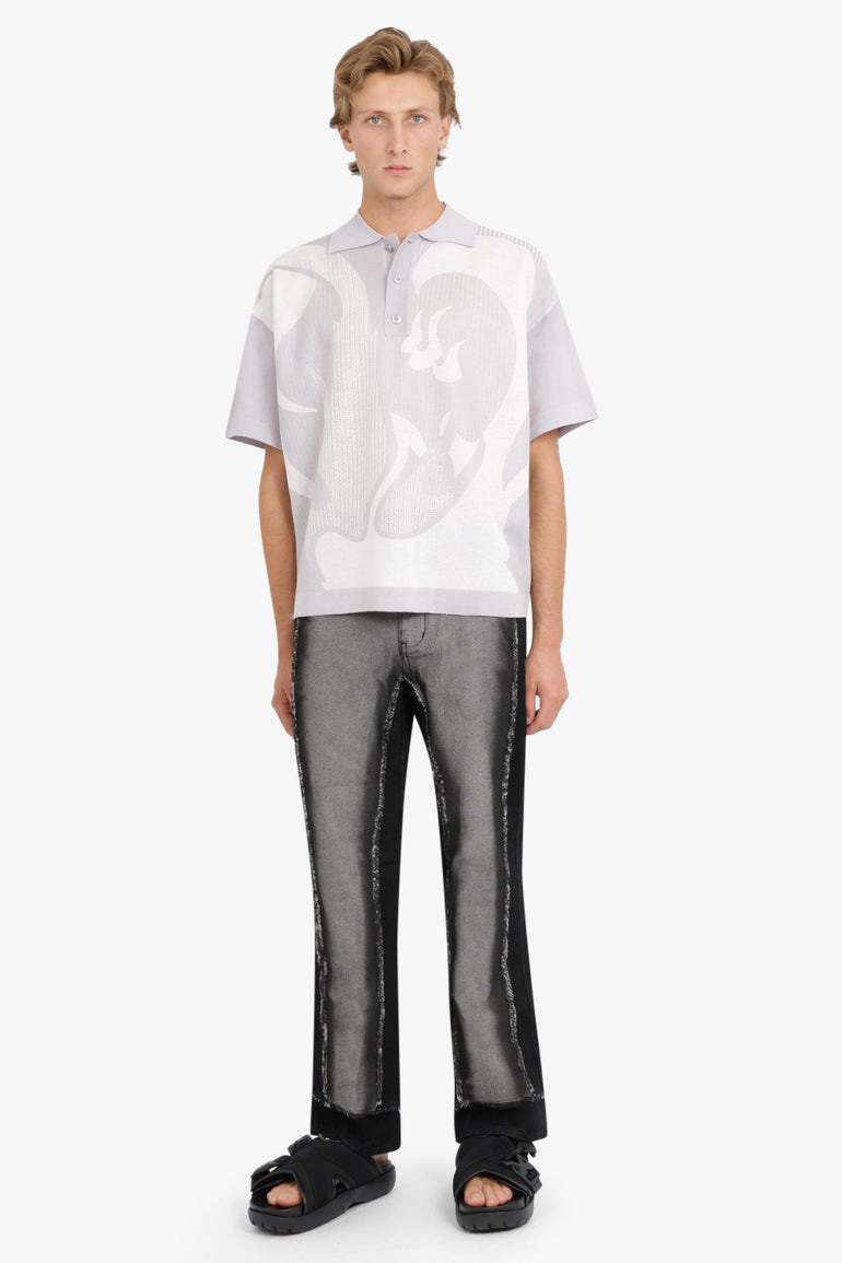 FENG CHEN WANG RTW KNIT POLO WITH PHOENIX PATTERN | GREY/WHITE