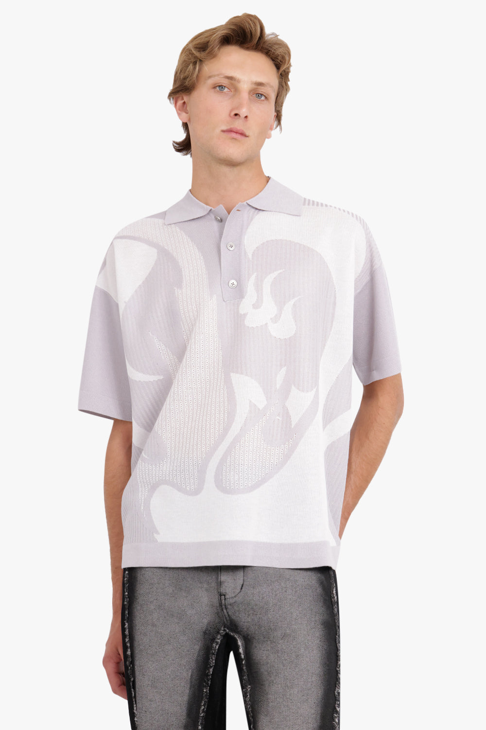 FENG CHEN WANG RTW KNIT POLO WITH PHOENIX PATTERN | GREY/WHITE