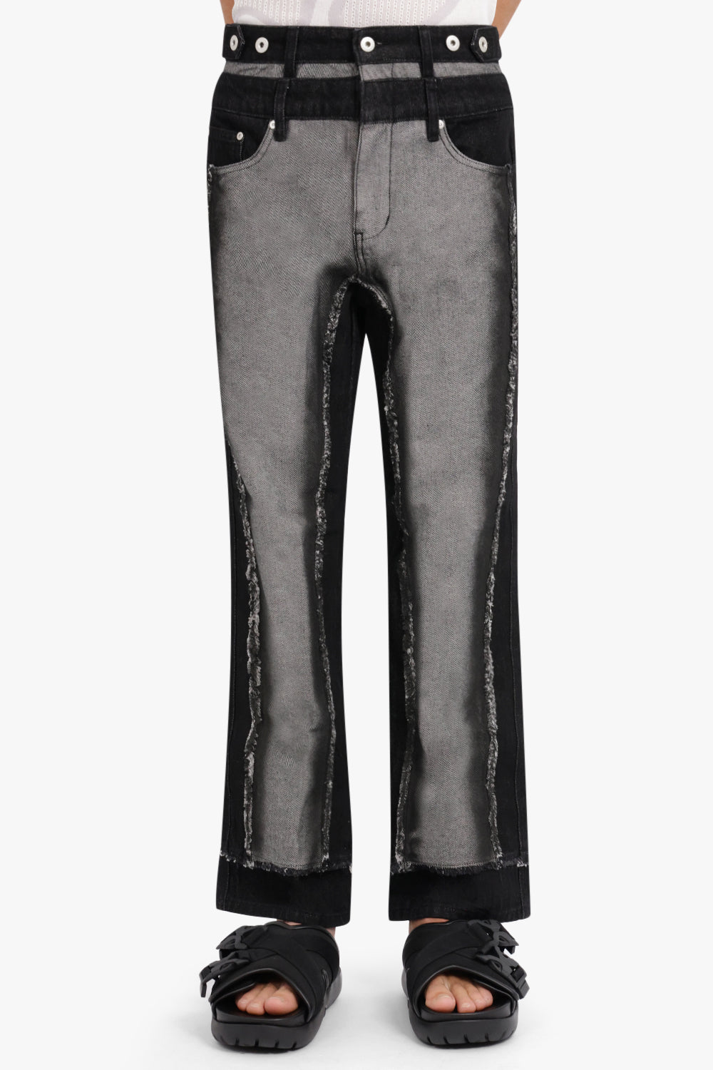 FENG CHEN WANG RTW RAW EDGE PATCHWORK TROUSERS | BLACK/GREY
