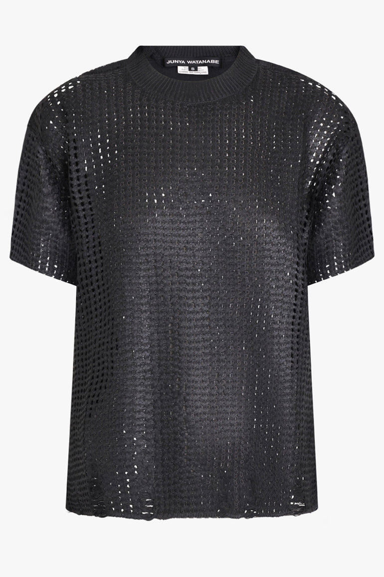 JUNYA WATANABE RTW Mesh Overlay S/S Distressed Knit T-Shirt Top | Black