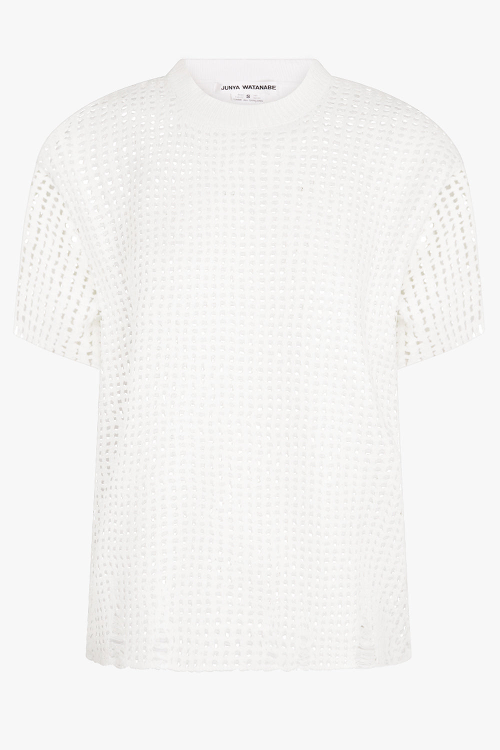 JUNYA WATANABE RTW Mesh Overlay S/S Distressed Knit T-Shirt Top | White