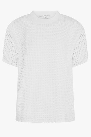 JUNYA WATANABE RTW Mesh Overlay S/S Distressed Knit T-Shirt Top | White