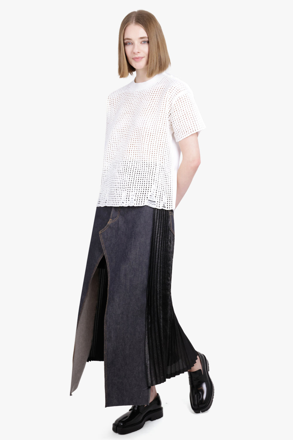 JUNYA WATANABE RTW Mesh Overlay S/S Distressed Knit T-Shirt Top | White