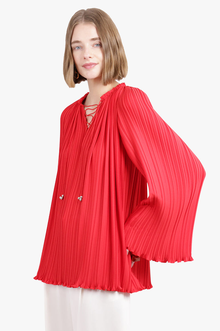 LANVIN RTW Long Sleeve Pleated Blouse Open Neck | Flame