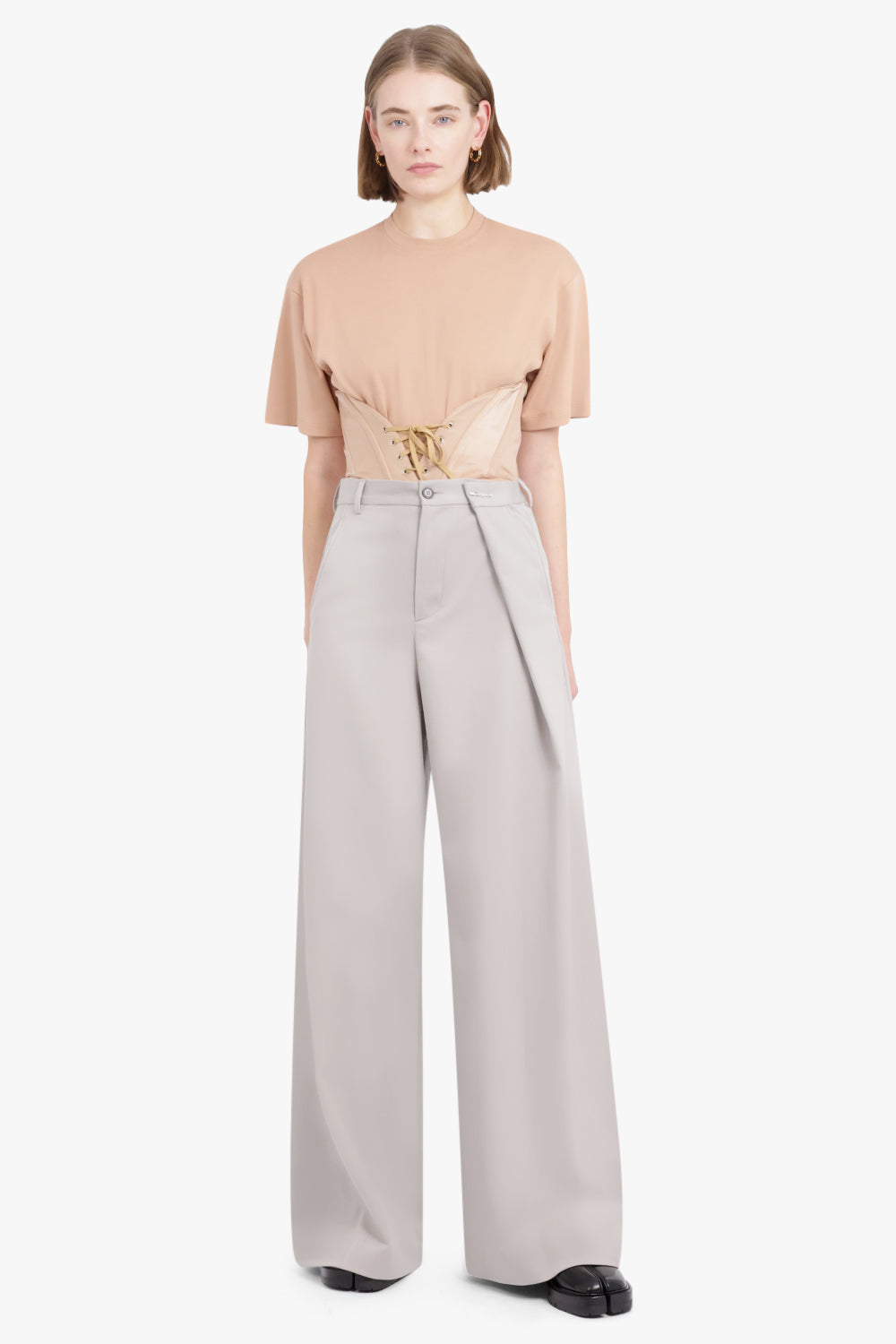 MUGLER RTW SHORT SLEEVE CORSET WAIST DETAIL T-SHIRT | TAN