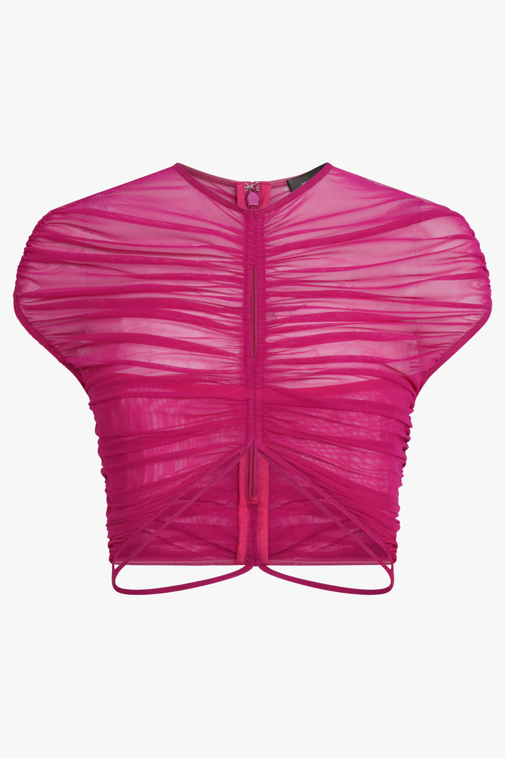 MUGLER RTW Sheer Mesh Short Sleeve Crop Top | Magenta