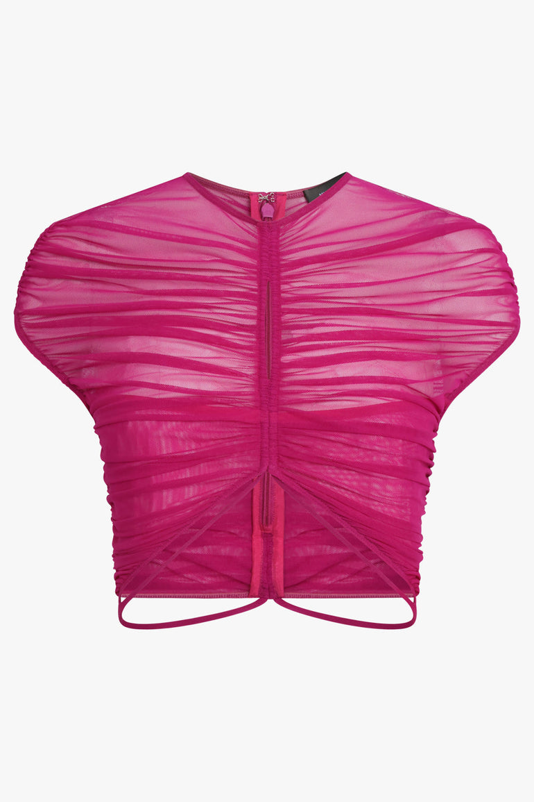 MUGLER RTW Sheer Mesh Short Sleeve Crop Top | Magenta