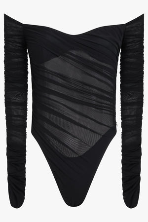 MUGLER RTW Sheer Mesh Long Sleeve Bodysuit | Black