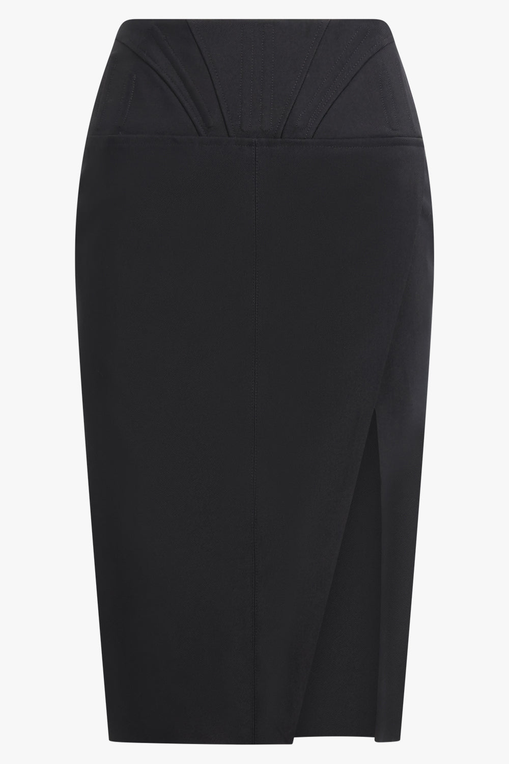 MUGLER RTW FRONT SLIT HEAVY FLUID WAIST DETAIL MIDI SKIRT | BLACK