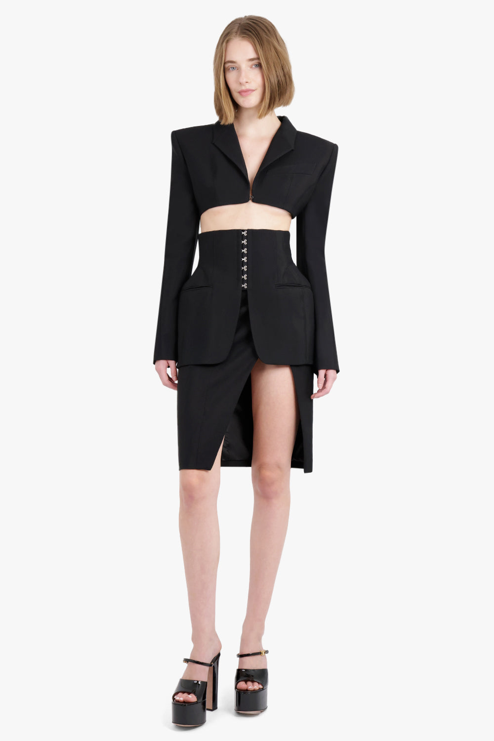 MUGLER RTW FRONT SLIT HEAVY FLUID WAIST DETAIL MIDI SKIRT | BLACK