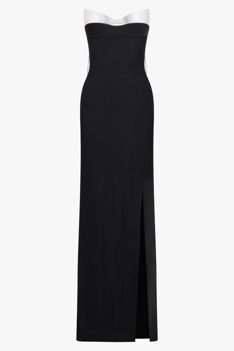MUGLER RTW METALLIC DETAIL FRONT SLIT MAXI DRESS | BLACK