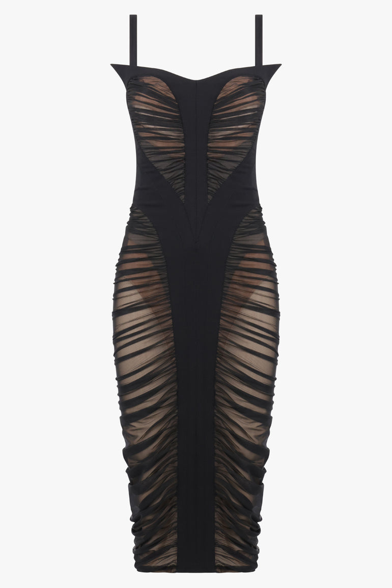 SHEER FRONT DETAIL SIDE RUCHED DRESS | BLACK Parlour X SHEER FRONT DETAIL SIDE RUCHED DRESS | BLACK Parlour X