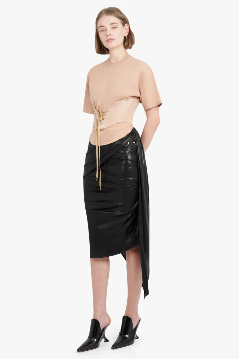 MUGLER RTW SHORT SLEEVE CORSET WAIST DETAIL T-SHIRT | TAN