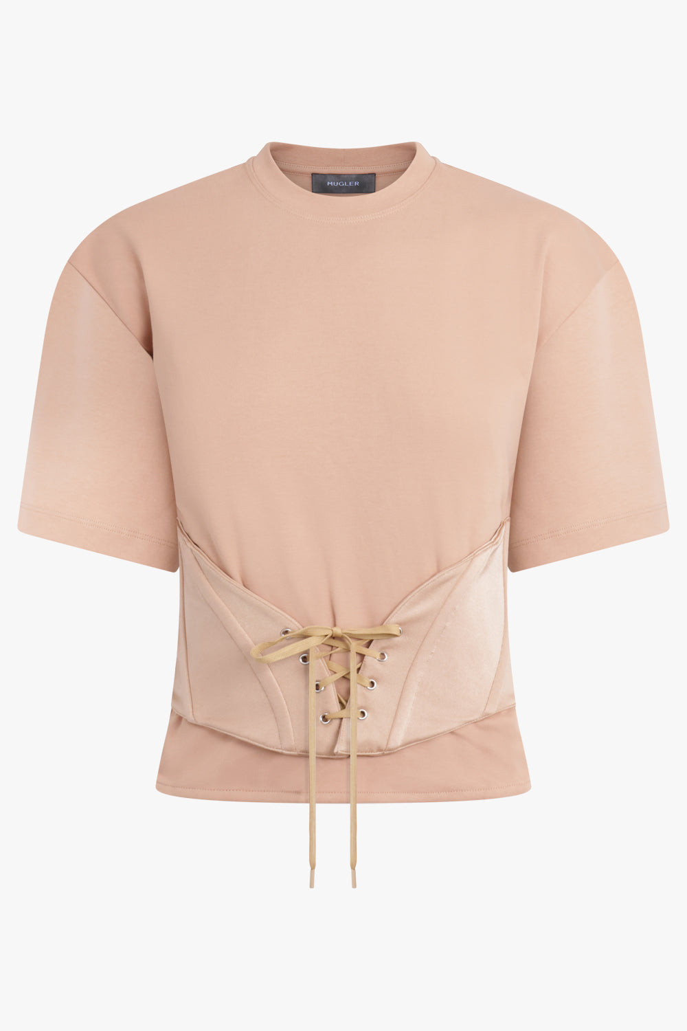 MUGLER RTW SHORT SLEEVE CORSET WAIST DETAIL T-SHIRT | TAN